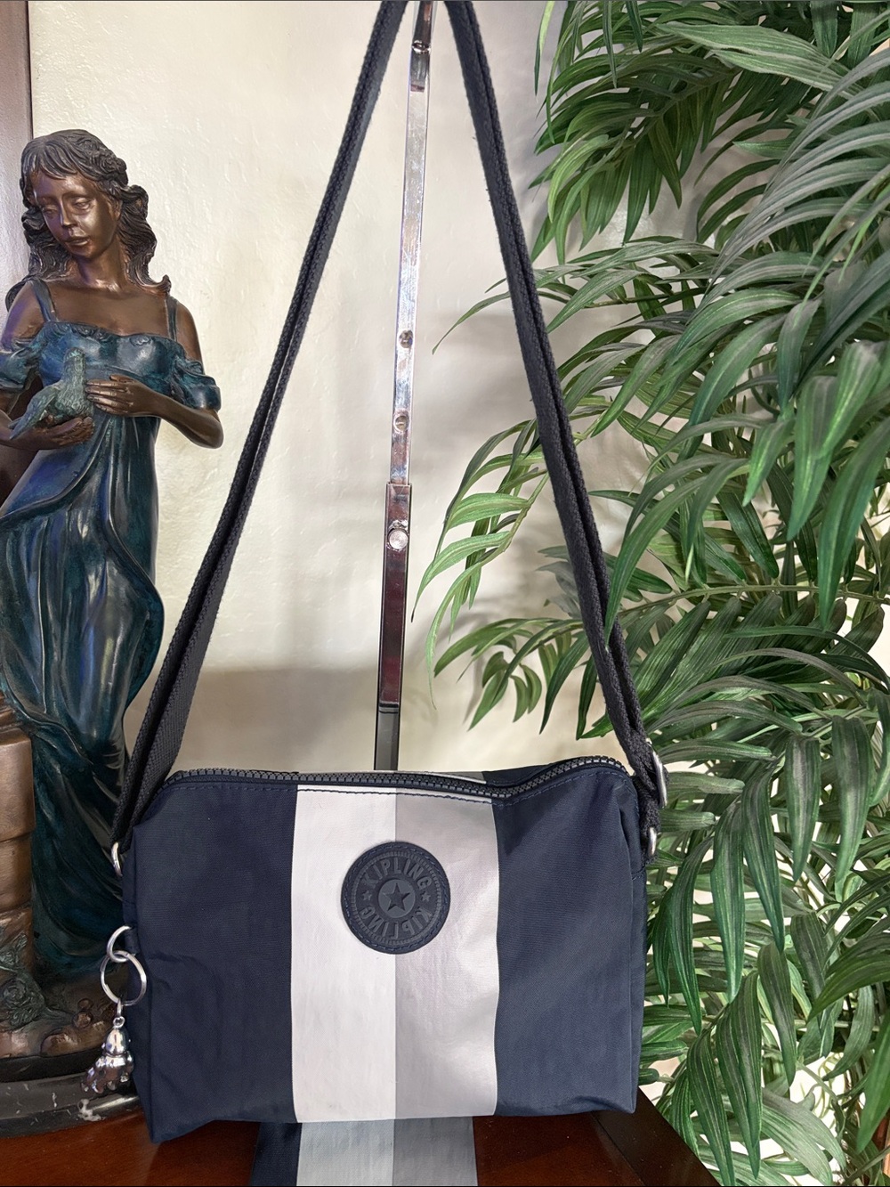Kipling Navy/White/ Gray Striped Crossbody Bag w/ Monkey Keychain